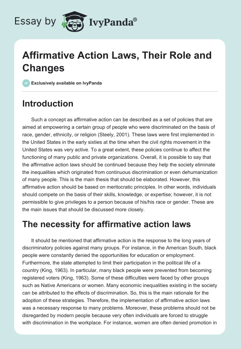 Affirmative Action Laws, Their Role and Changes. Page 1