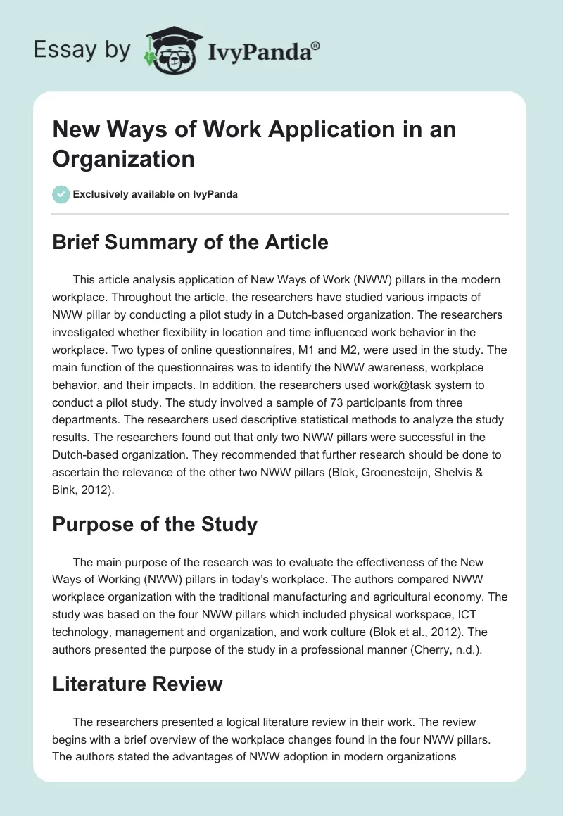 New Ways of Work Application in an Organization. Page 1