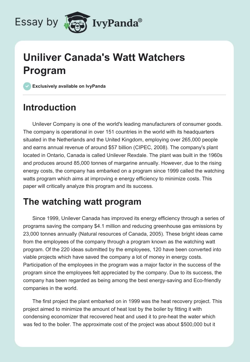 Uniliver Canada's Watt Watchers Program. Page 1
