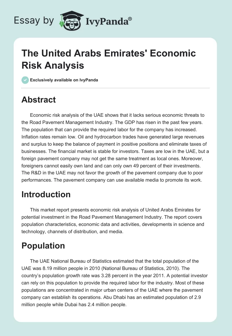 The United Arabs Emirates' Economic Risk Analysis. Page 1