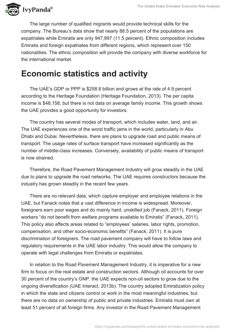 The United Arabs Emirates' Economic Risk Analysis. Page 2