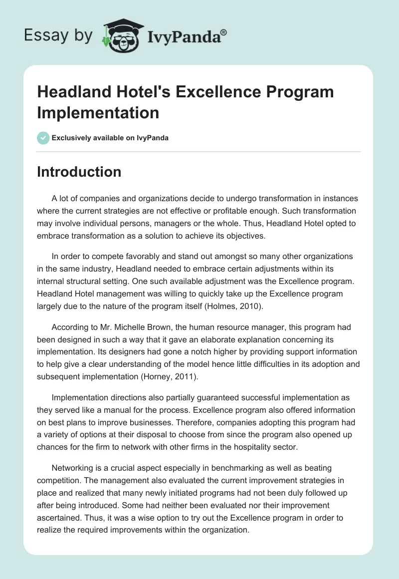 Headland Hotel's Excellence Program Implementation. Page 1