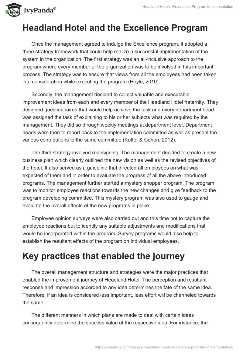 Headland Hotel's Excellence Program Implementation. Page 2
