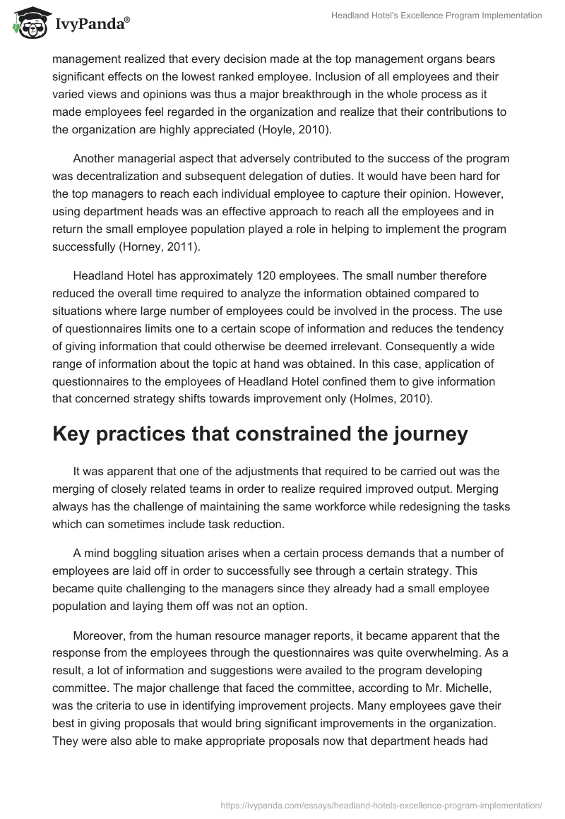 Headland Hotel's Excellence Program Implementation. Page 3