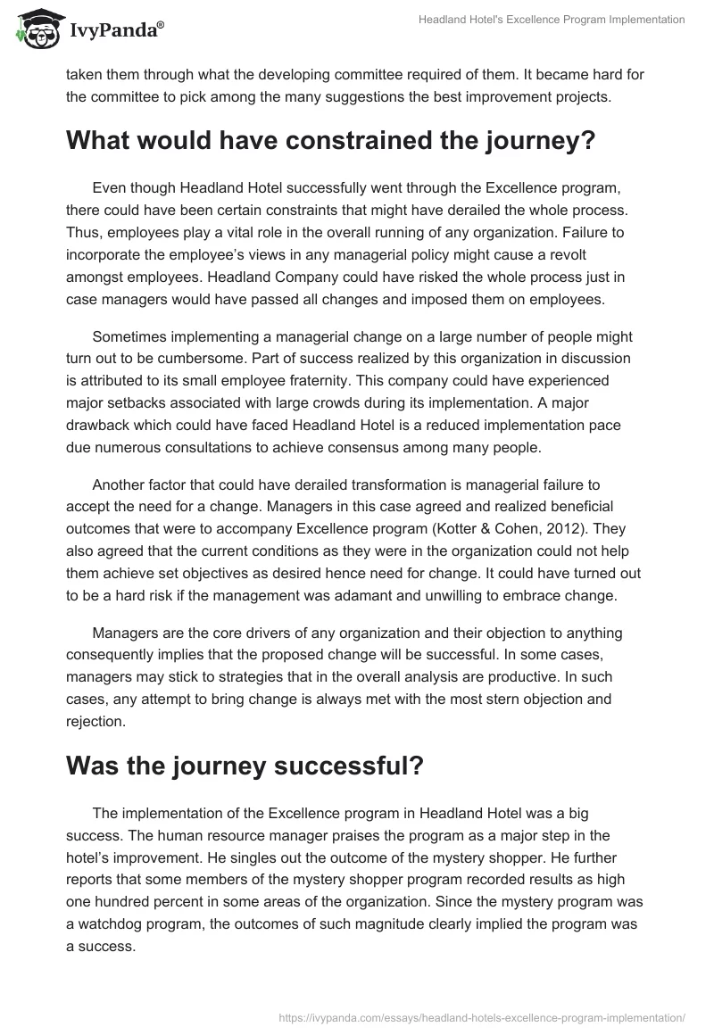 Headland Hotel's Excellence Program Implementation. Page 4