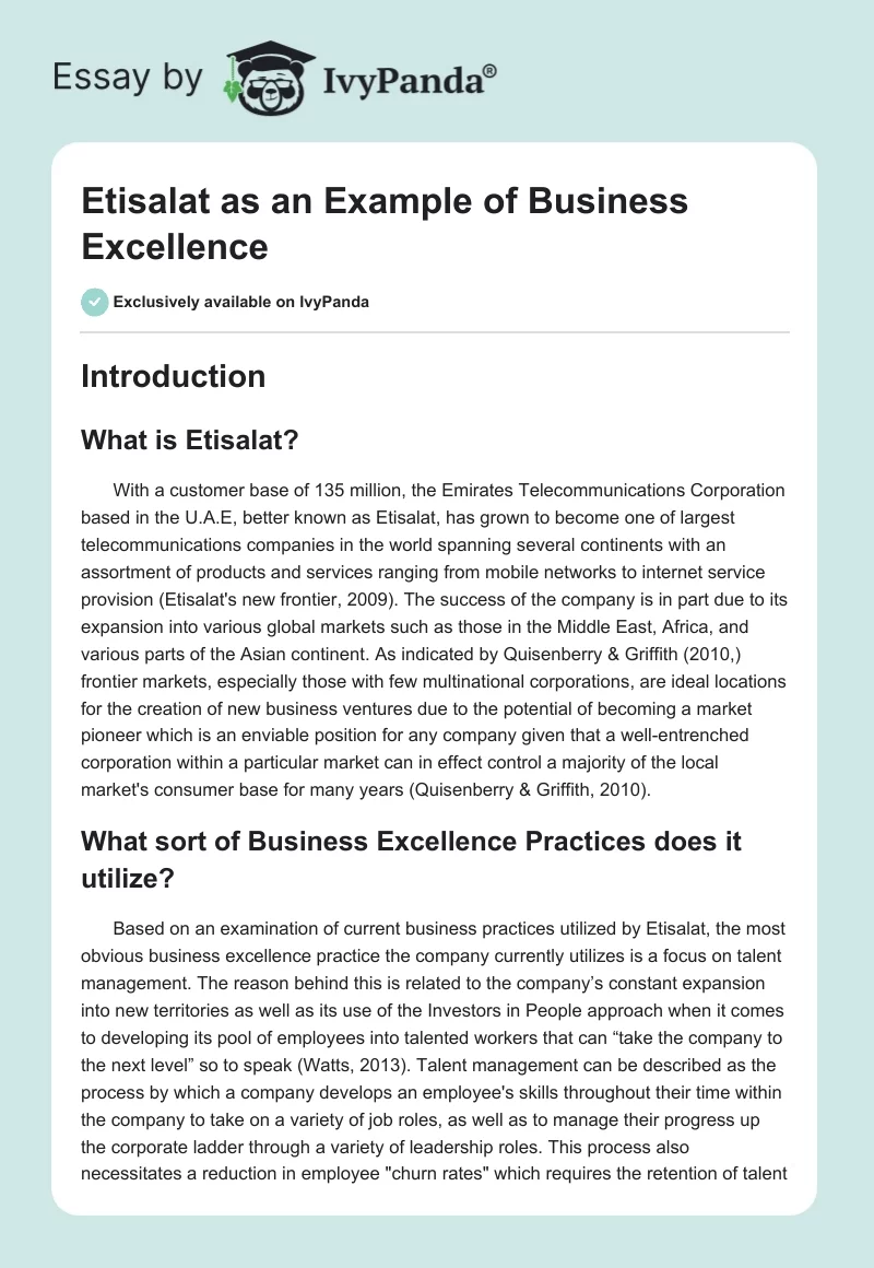 Etisalat as an Example of Business Excellence. Page 1