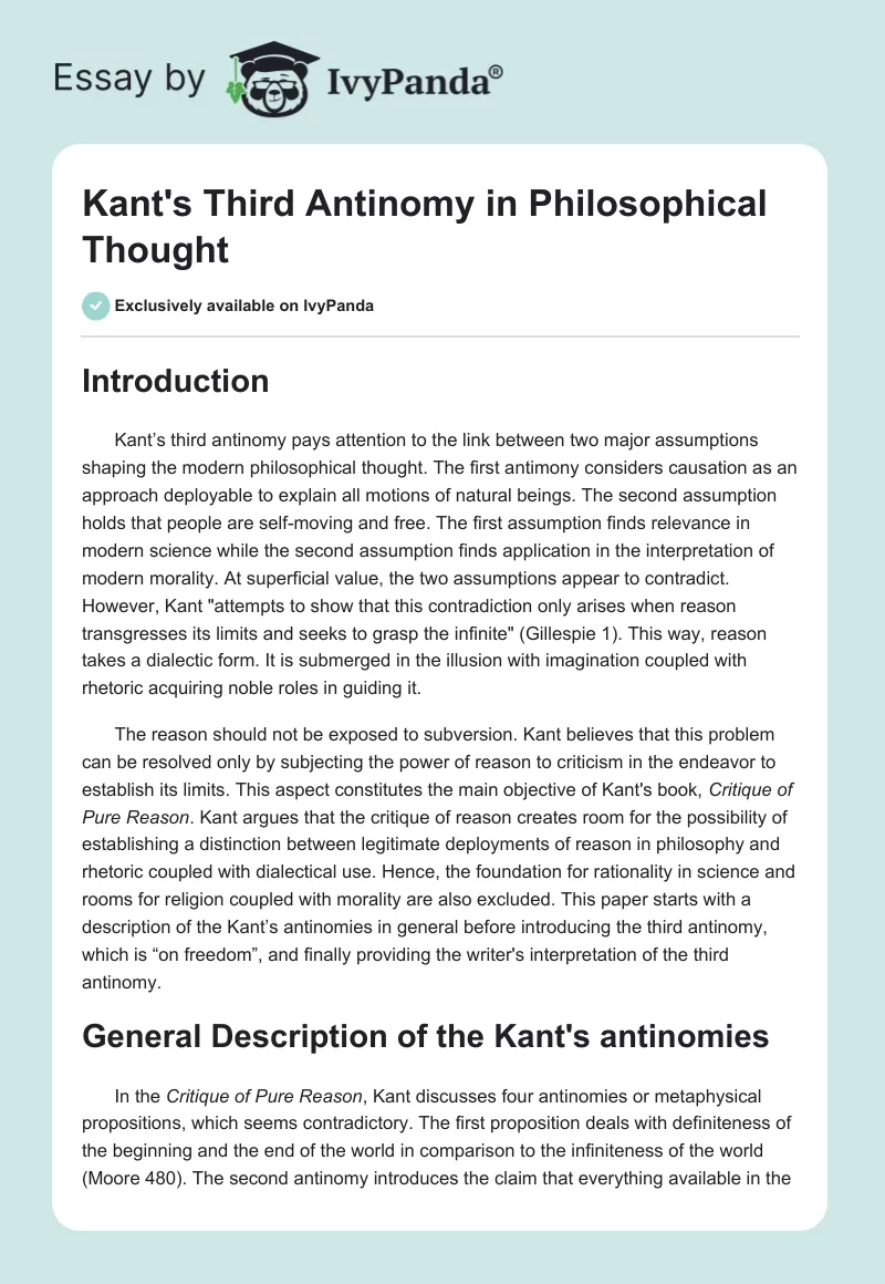 Kant's Third Antinomy in Philosophical Thought. Page 1