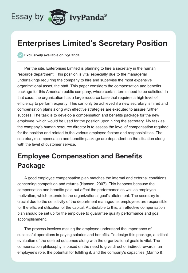 Enterprises Limited's Secretary Position. Page 1