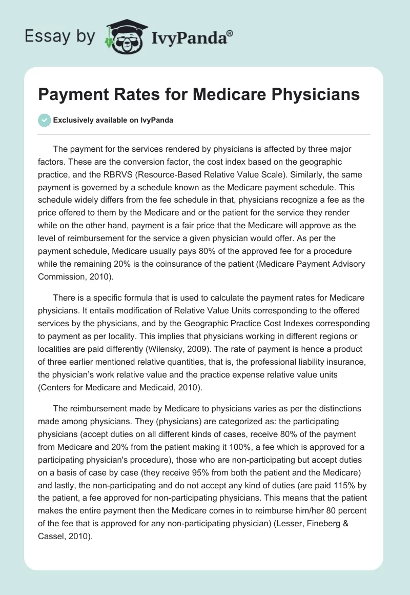 Payment Rates for Medicare Physicians. Page 1