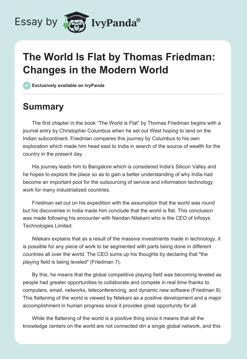 The World Is Flat by Thomas Friedman: Changes in the Modern World. Page 1