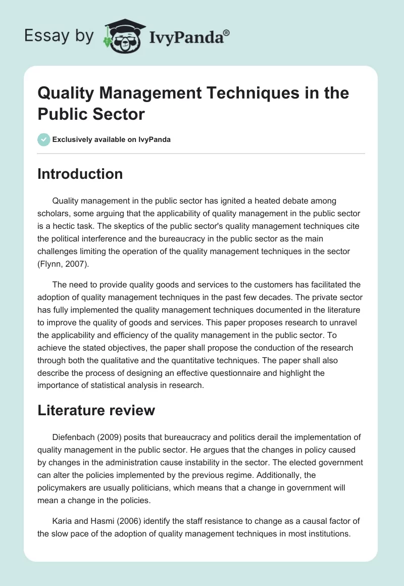 Quality Management Techniques in the Public Sector. Page 1