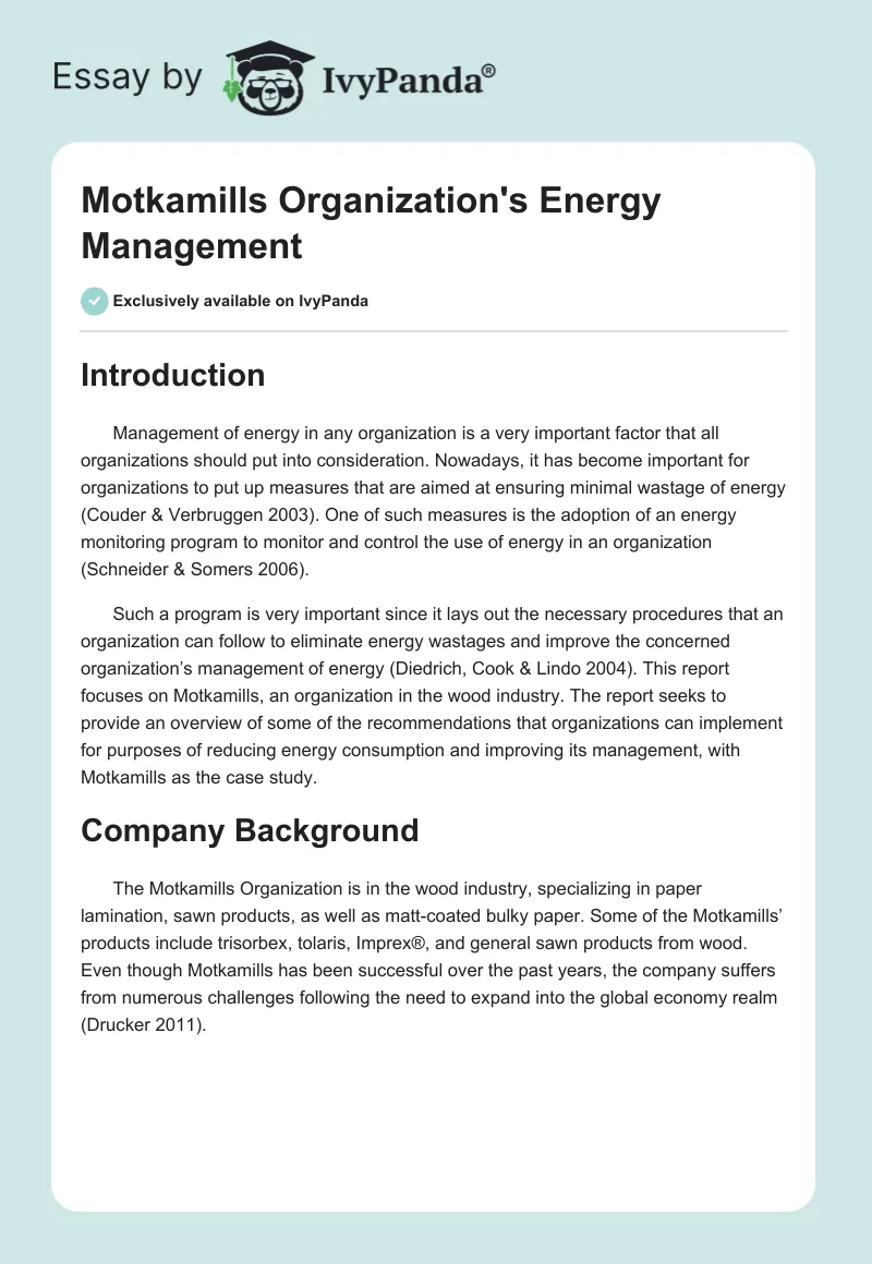 Motkamills Organization's Energy Management. Page 1