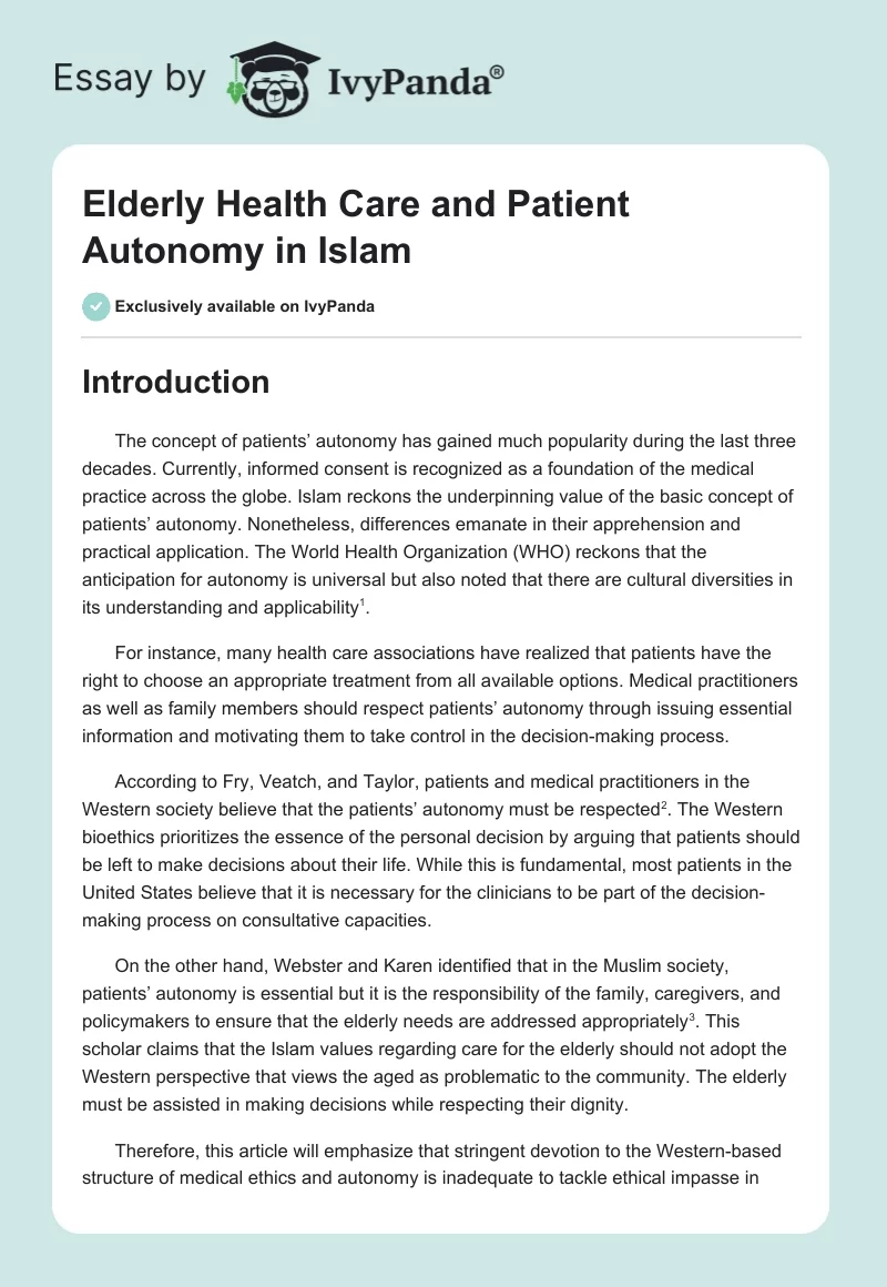 Elderly Health Care and Patient Autonomy in Islam. Page 1