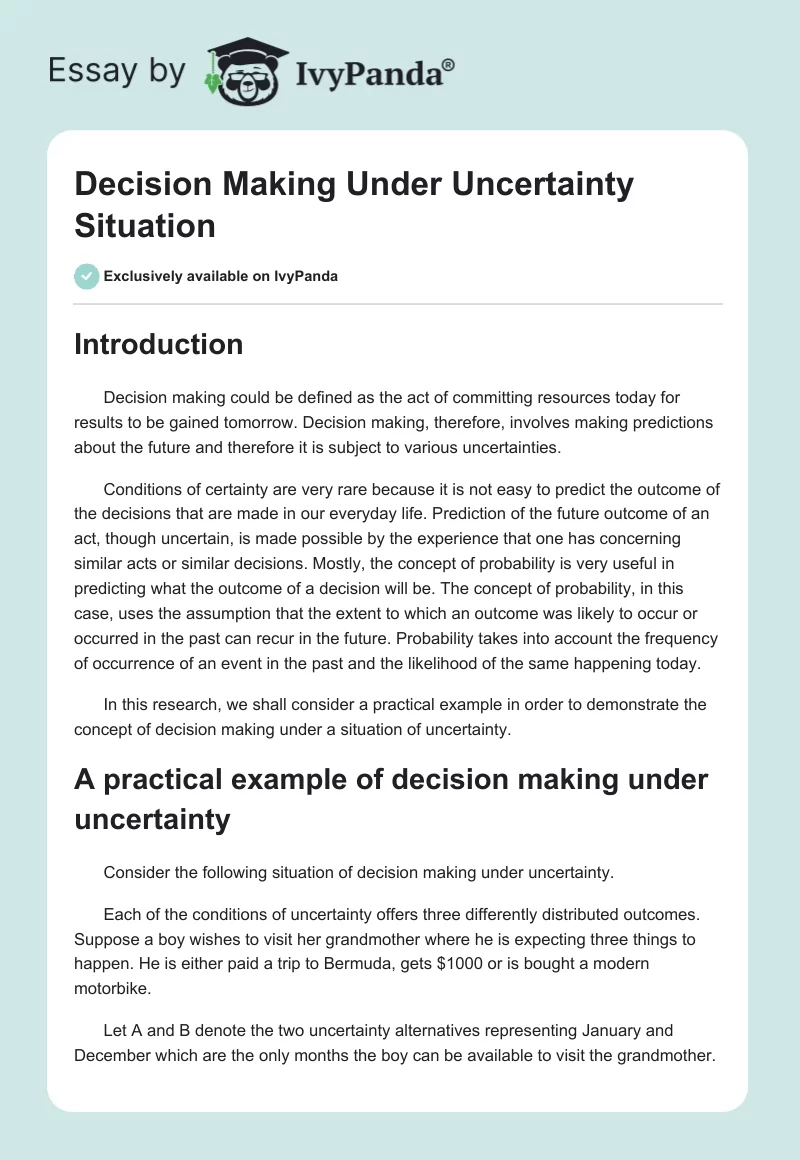Decision Making Under Uncertainty Situation. Page 1