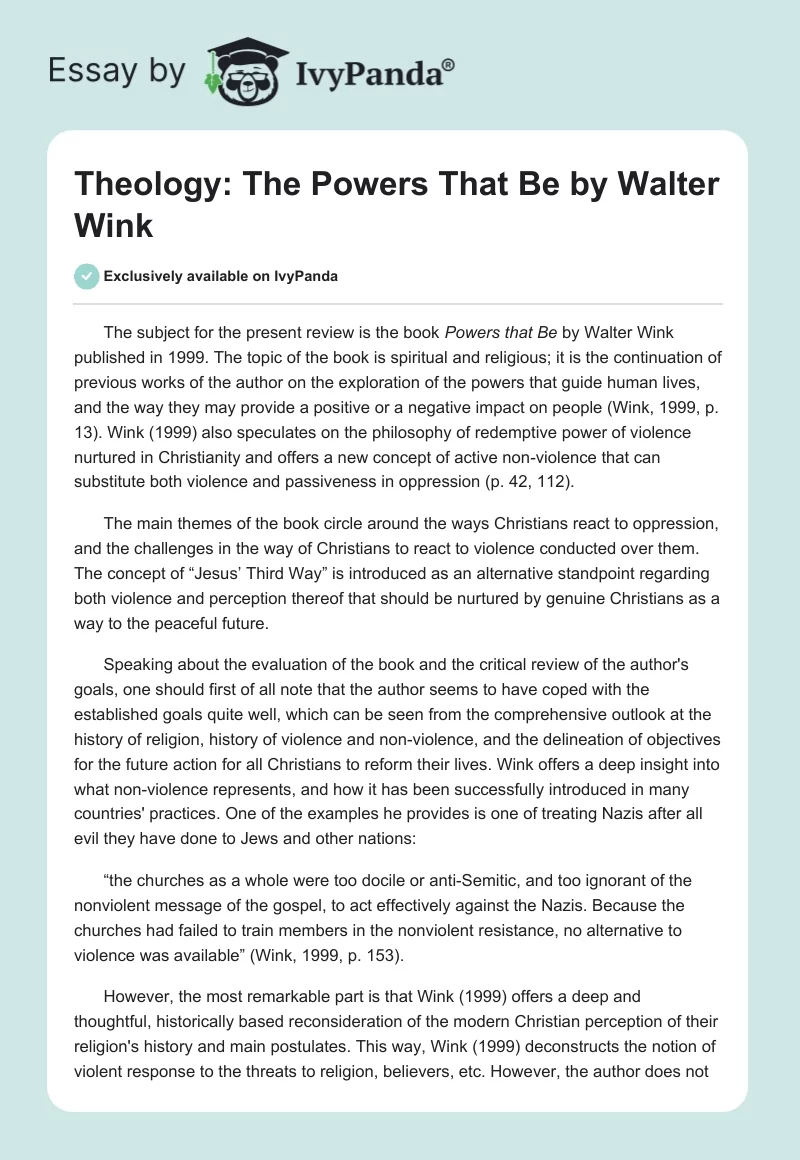 Theology: "The Powers That Be" by Walter Wink. Page 1
