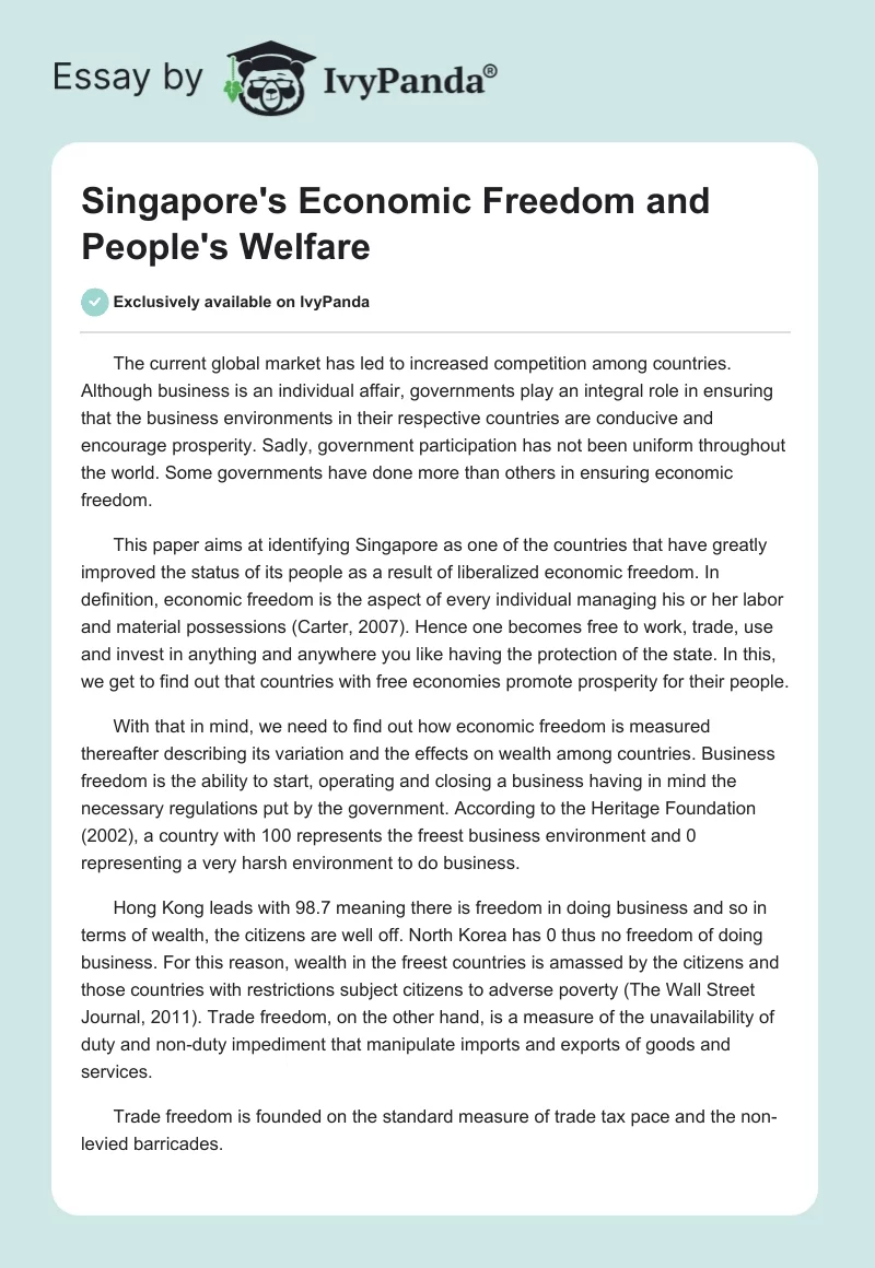 Singapore's Economic Freedom and People's Welfare. Page 1