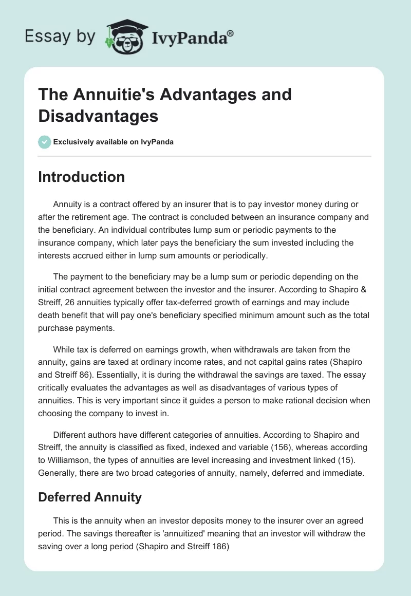 The Annuitie's Advantages and Disadvantages. Page 1