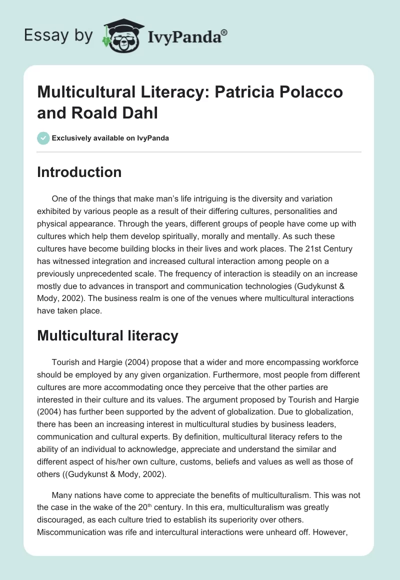 Multicultural Literacy: Patricia Polacco and Roald Dahl. Page 1