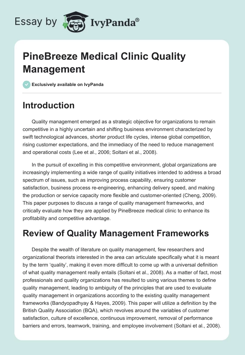 PineBreeze Medical Clinic Quality Management. Page 1