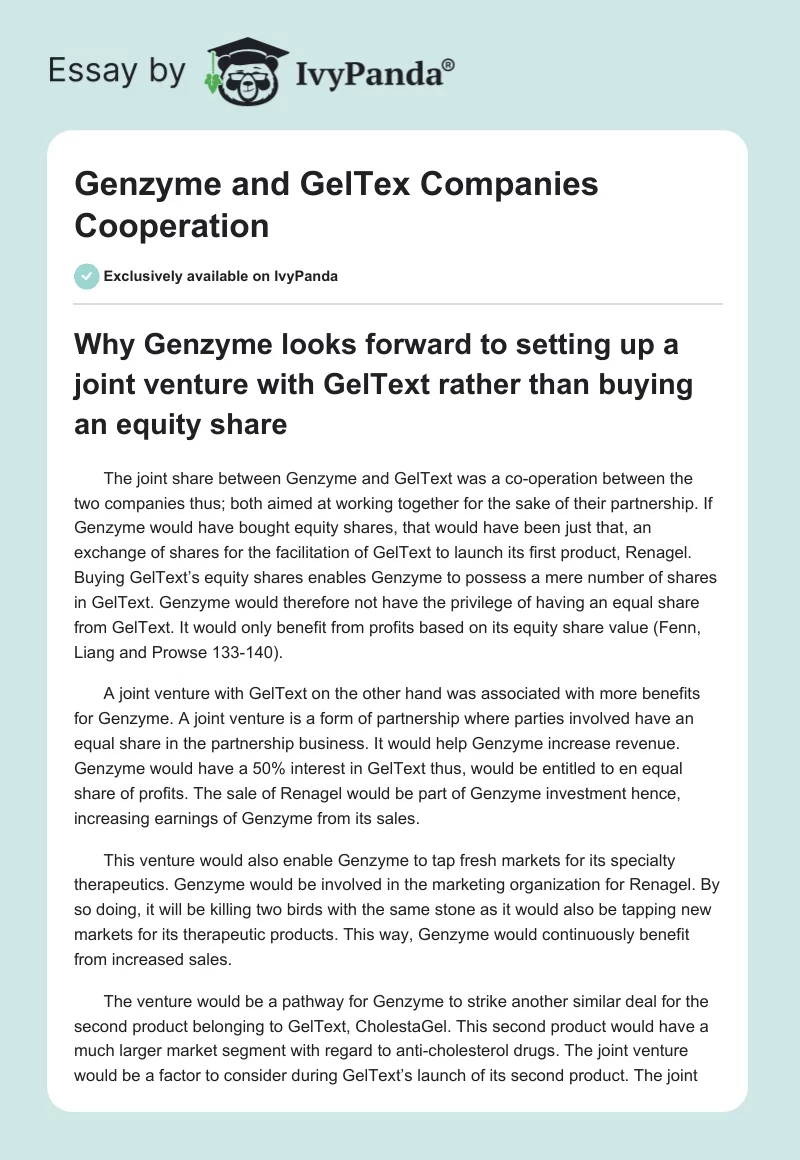 Genzyme and GelTex Companies Cooperation. Page 1