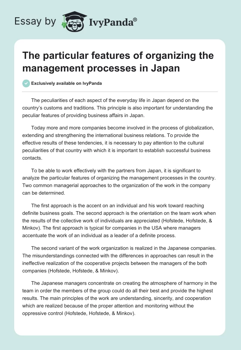The particular features of organizing the management processes in Japan. Page 1