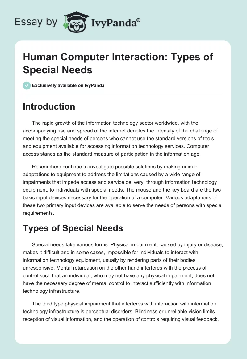 Human Computer Interaction: Types of Special Needs. Page 1