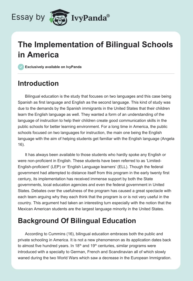 The Implementation of Bilingual Schools in America. Page 1