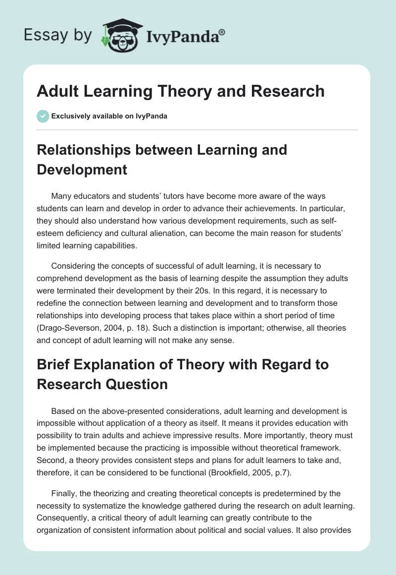 Adult Learning Theory and Research. Page 1