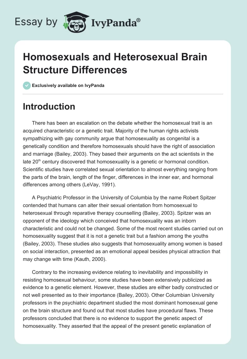 Homosexuals and Heterosexual Brain Structure Differences. Page 1