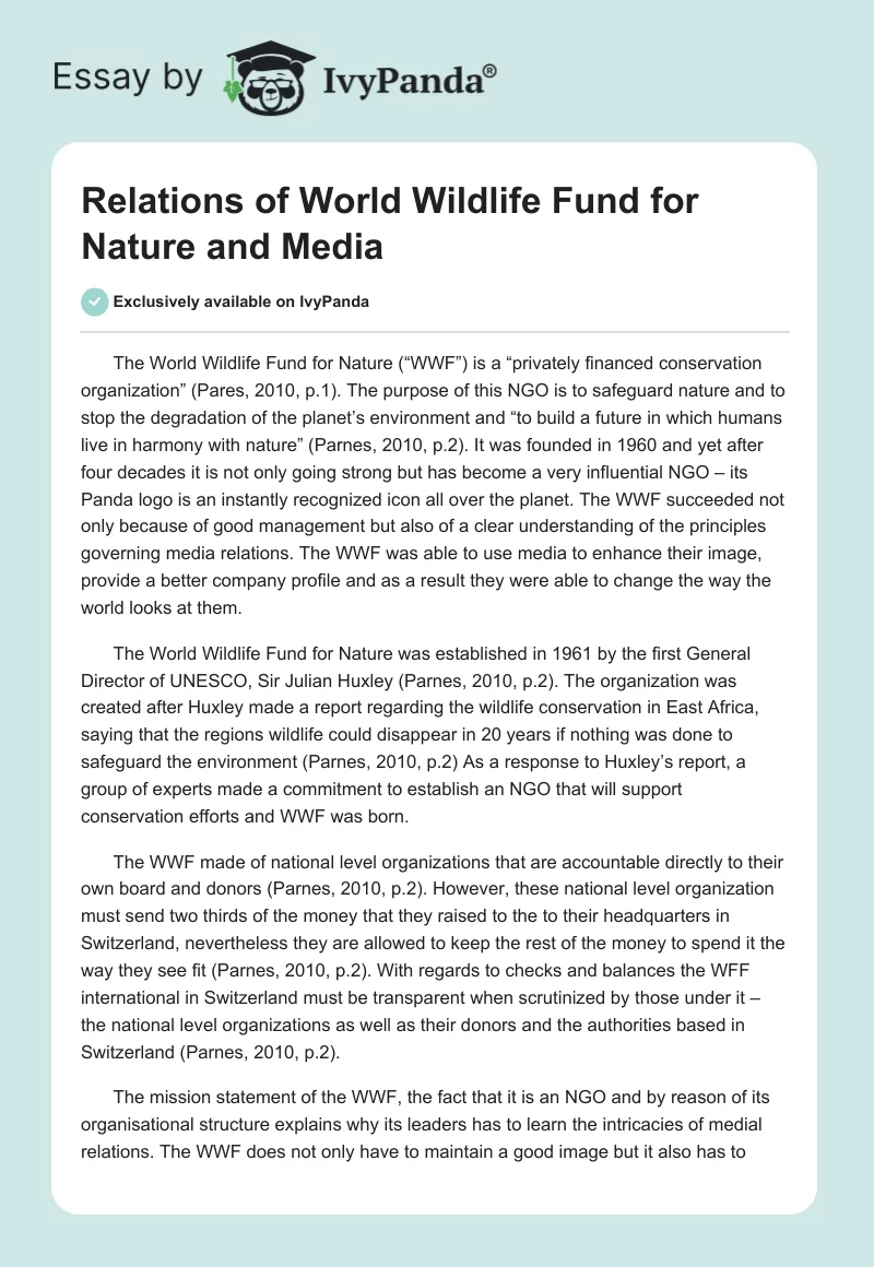 Relations of World Wildlife Fund for Nature and Media. Page 1