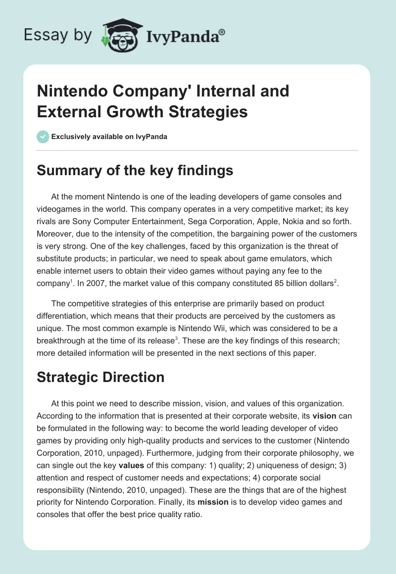 Nintendo Company' Internal and External Growth Strategies. Page 1