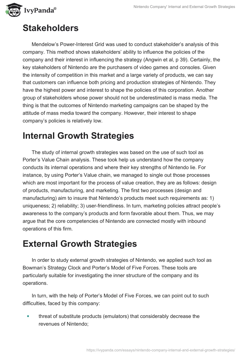 Nintendo Company' Internal and External Growth Strategies. Page 2