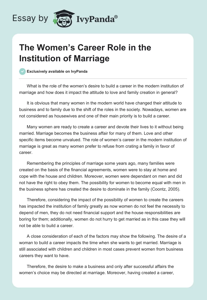 The Women’s Career Role in the Institution of Marriage. Page 1