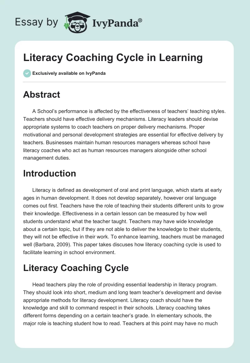Literacy Coaching Cycle in Learning. Page 1