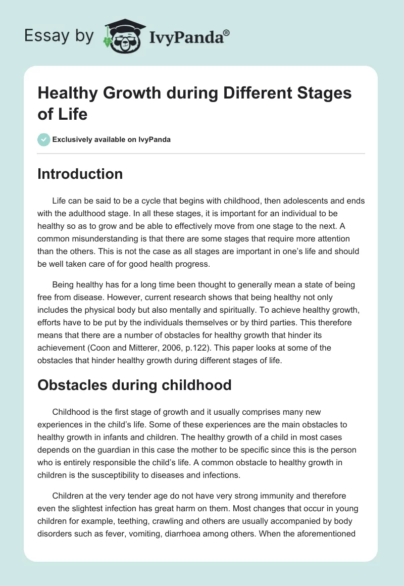 Healthy Growth during Different Stages of Life. Page 1