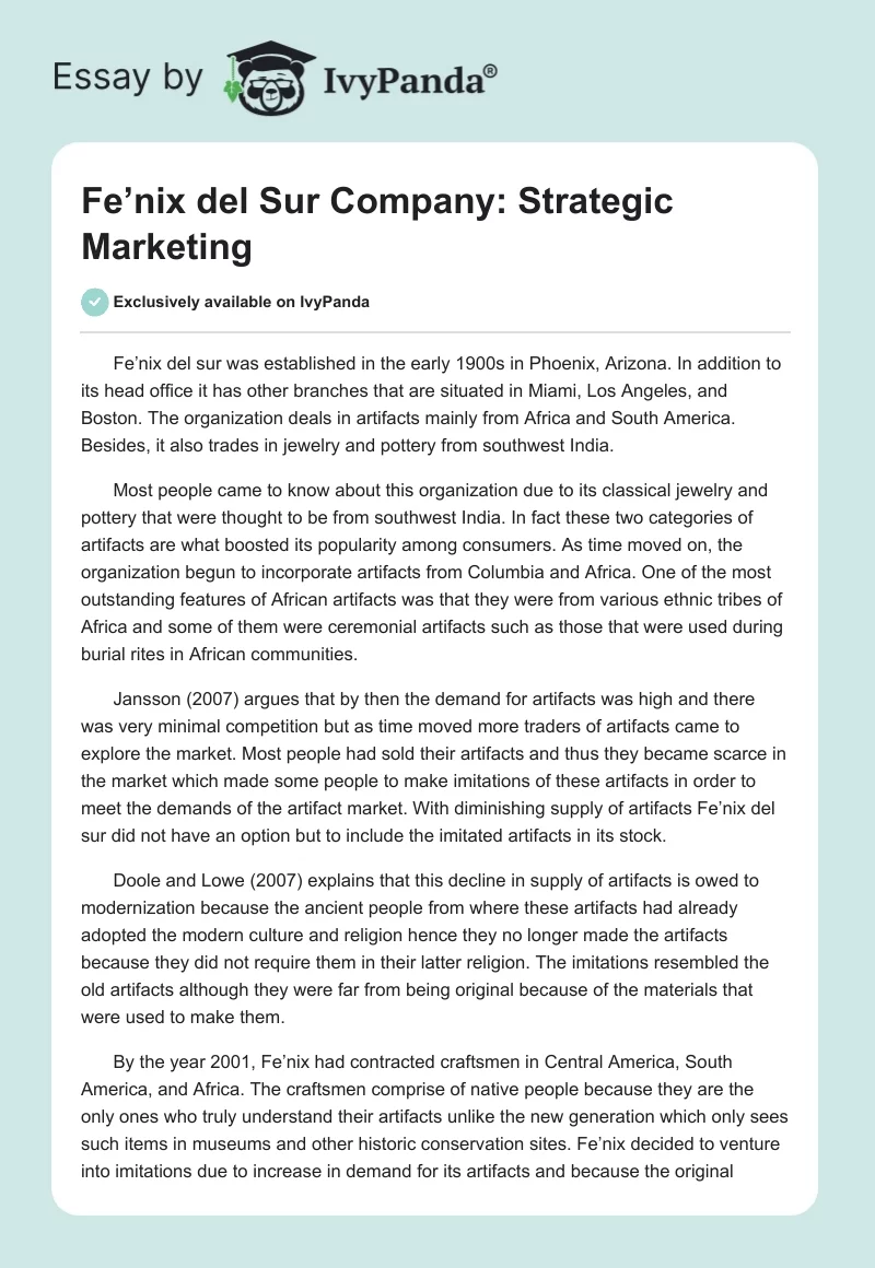 Fe’nix del Sur Company: Strategic Marketing. Page 1