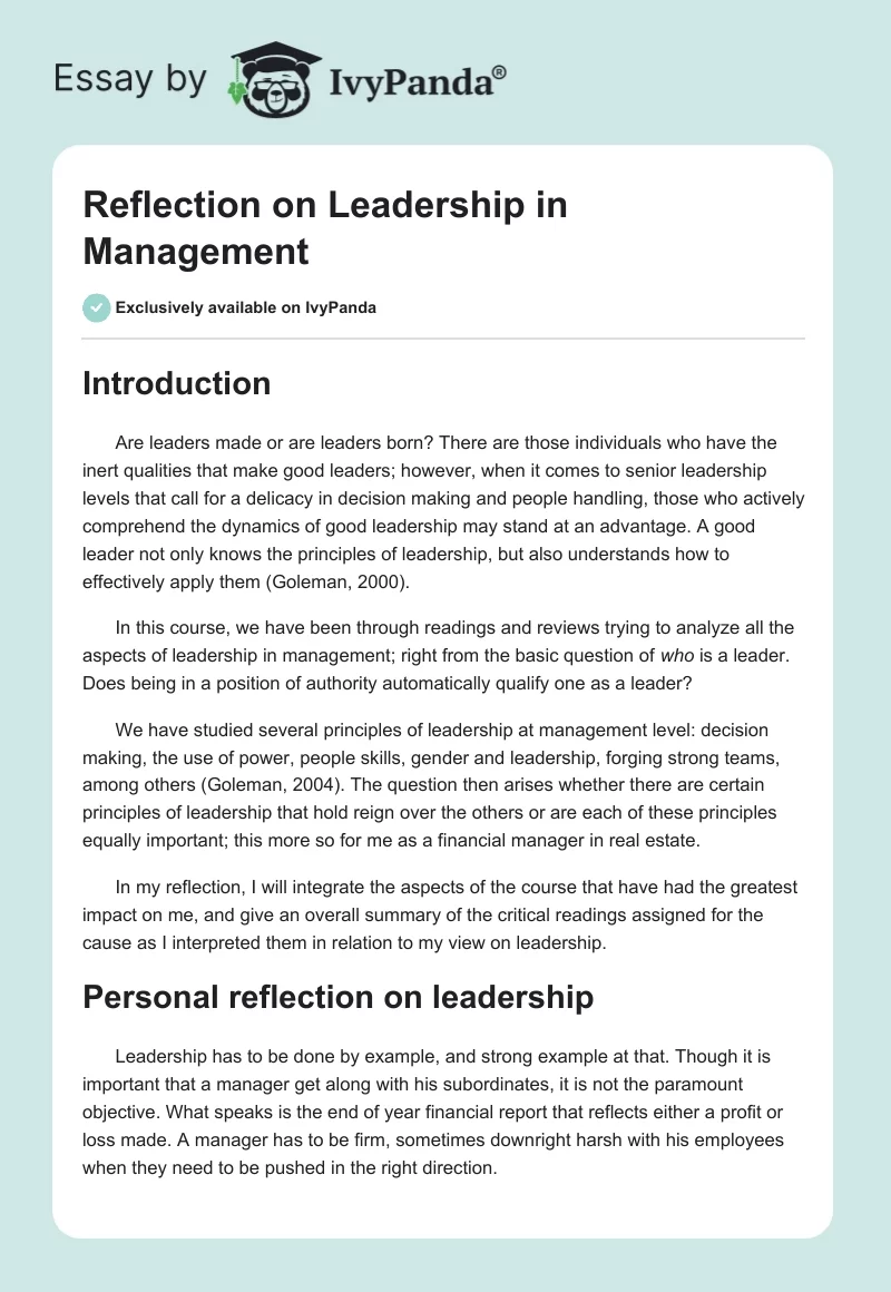 Reflection on Leadership in Management. Page 1