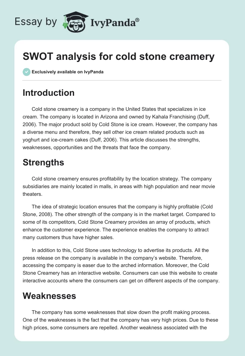 SWOT analysis for cold stone creamery. Page 1