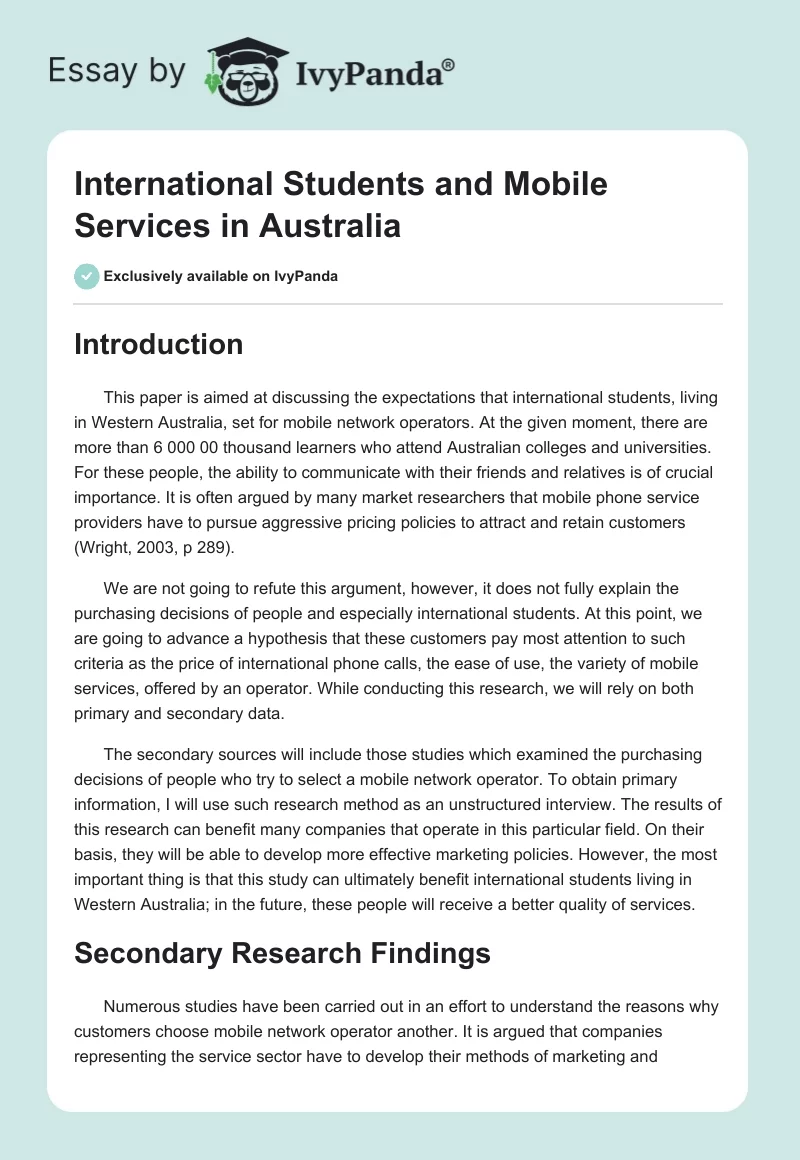International Students and Mobile Services in Australia. Page 1