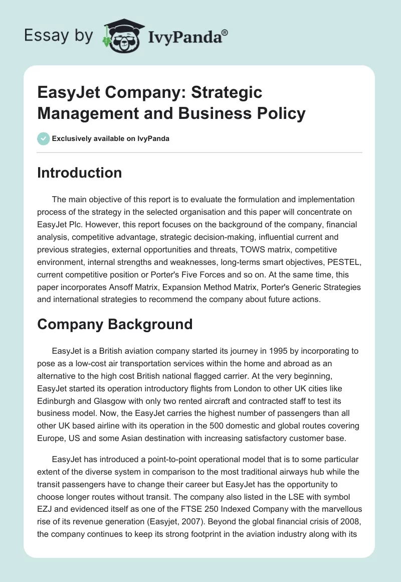 EasyJet Company: Strategic Management and Business Policy. Page 1