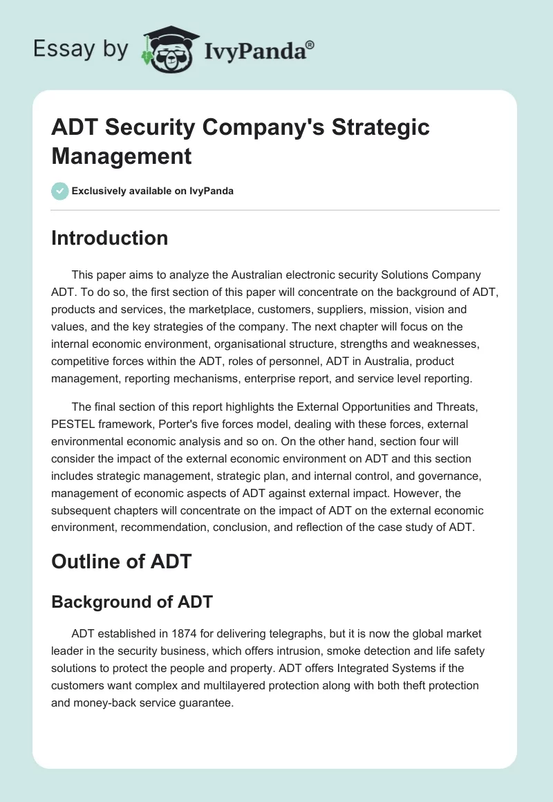 ADT Security Company's Strategic Management. Page 1