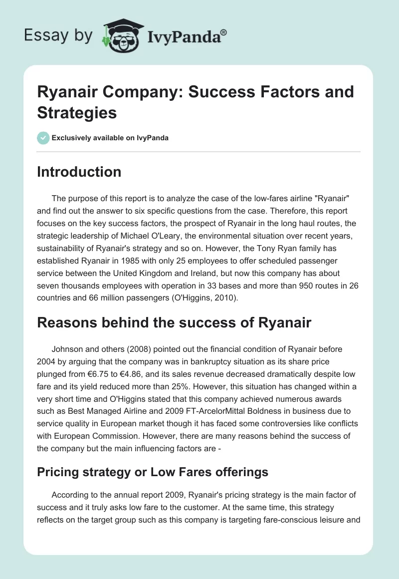 Ryanair Company: Success Factors and Strategies. Page 1