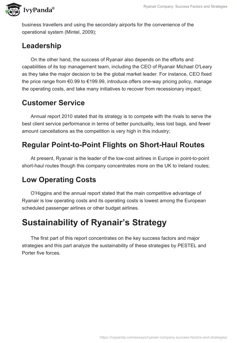 Ryanair Company: Success Factors and Strategies. Page 2