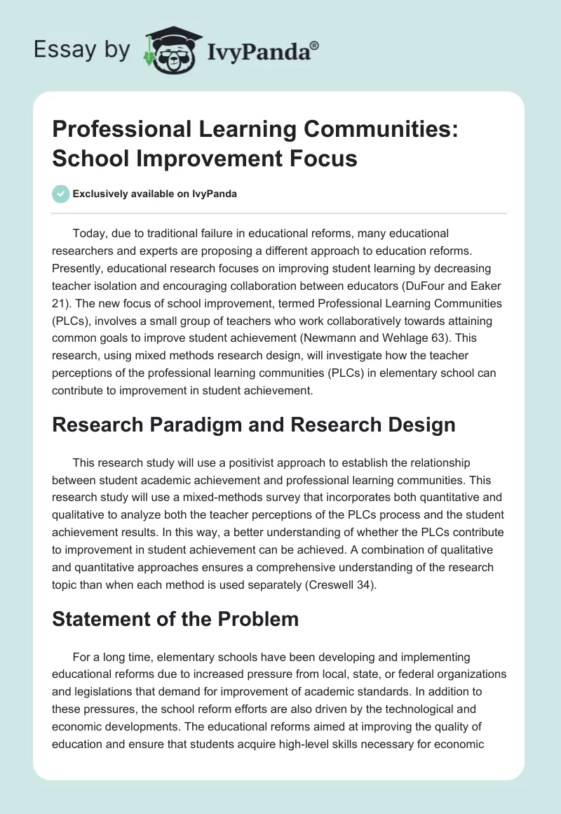 Professional Learning Communities: School Improvement Focus. Page 1