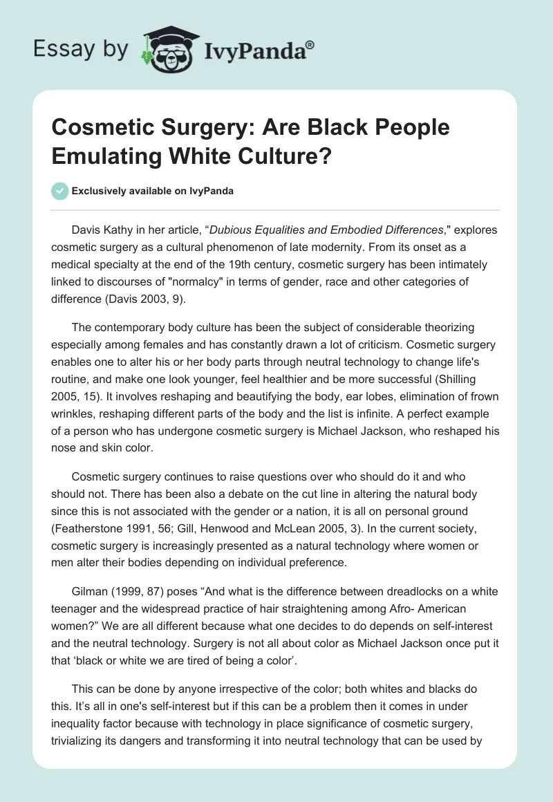 Cosmetic Surgery: Are Black People Emulating White Culture?. Page 1