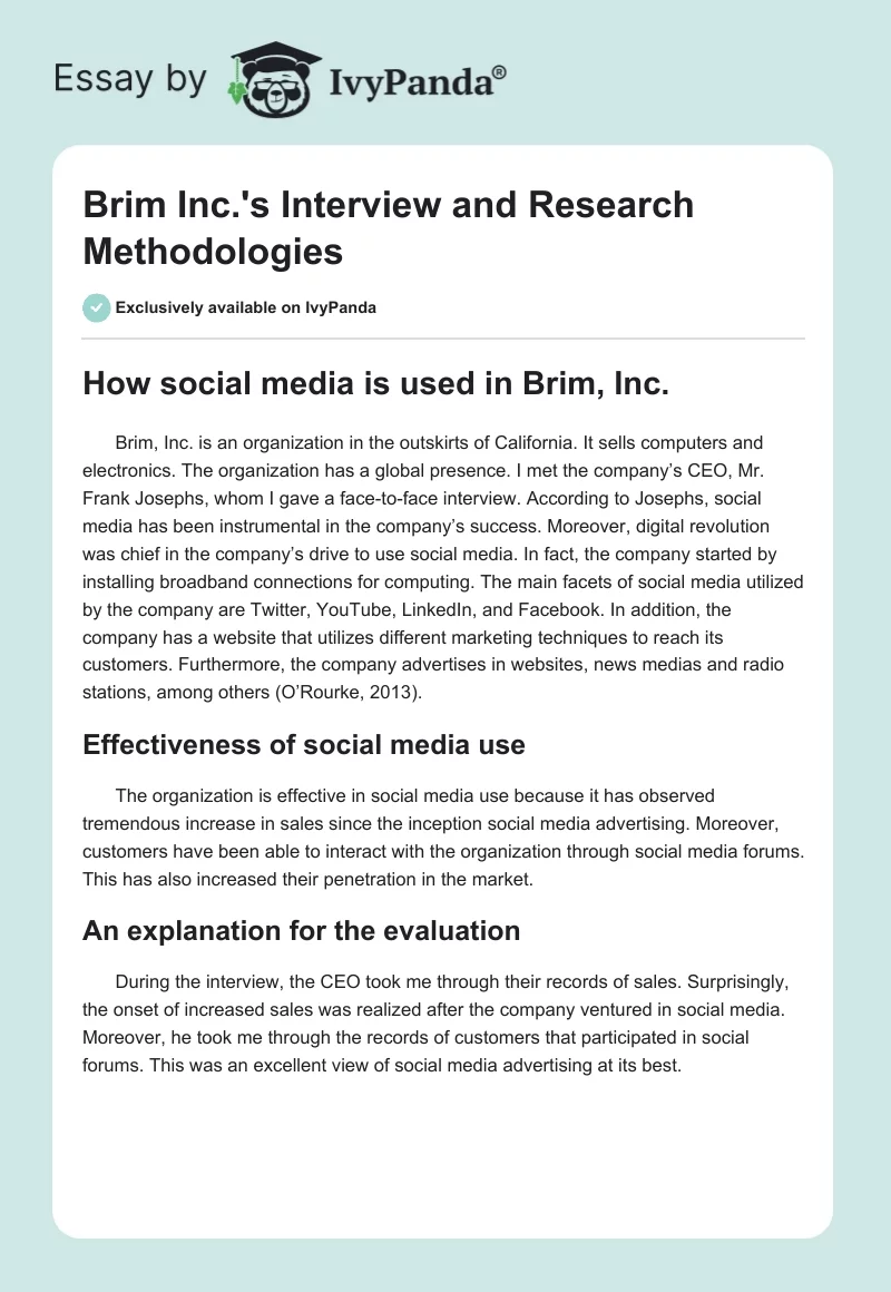 Brim Inc.'s Interview and Research Methodologies. Page 1