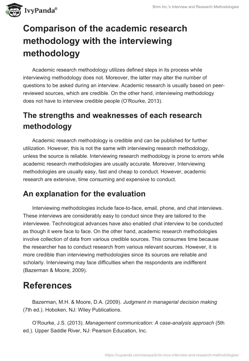 Brim Inc.'s Interview and Research Methodologies. Page 2