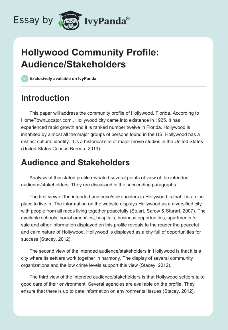 Hollywood Community Profile: Audience/Stakeholders. Page 1