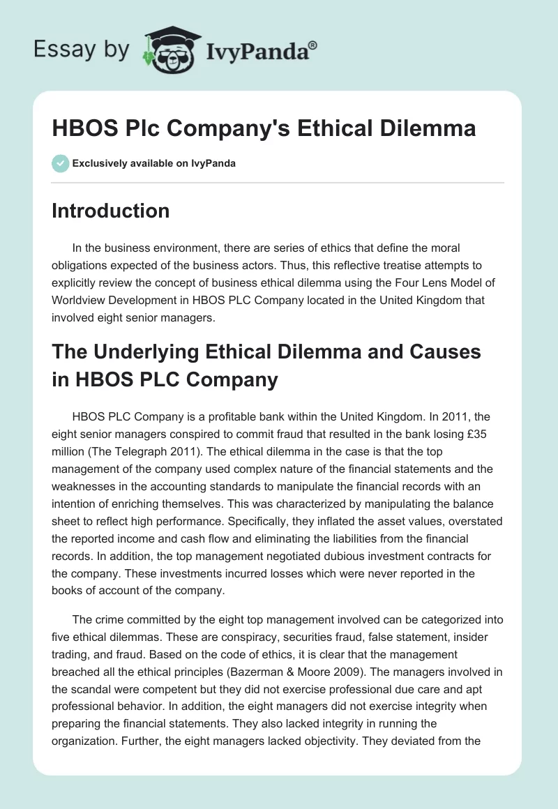 HBOS Plc Company's Ethical Dilemma. Page 1