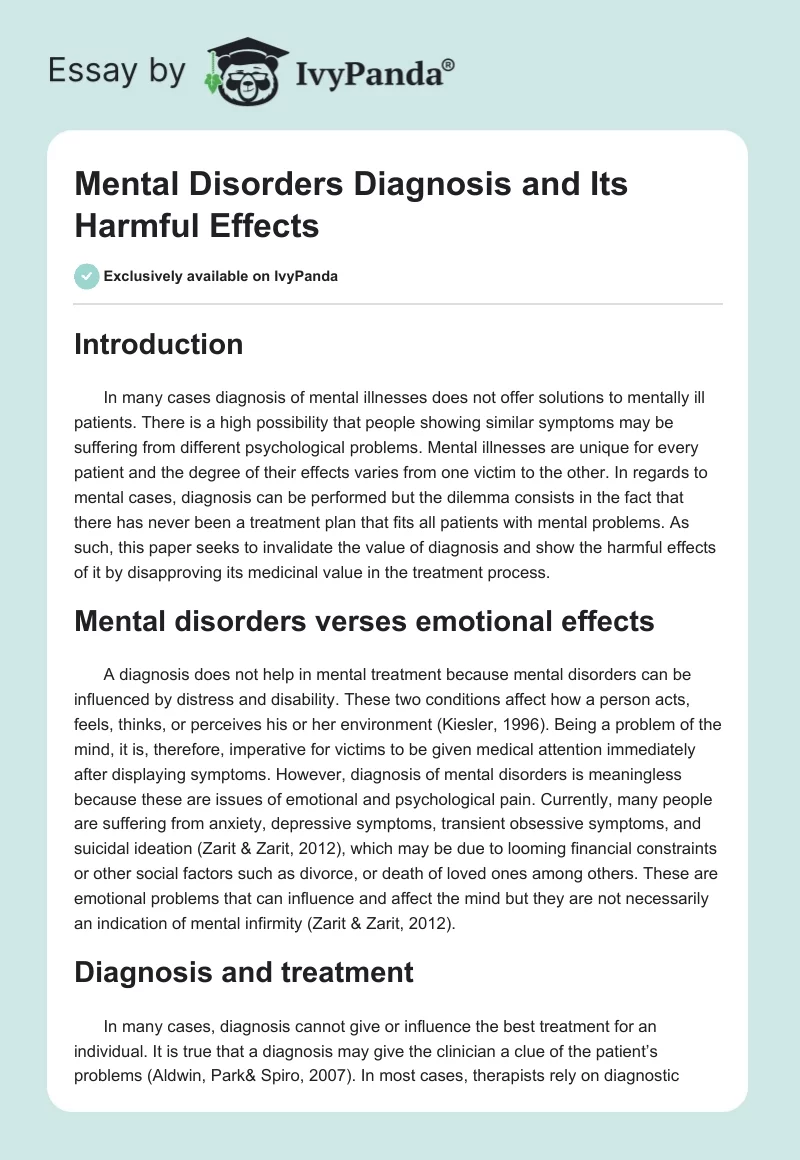 Mental Disorders Diagnosis and Its Harmful Effects. Page 1